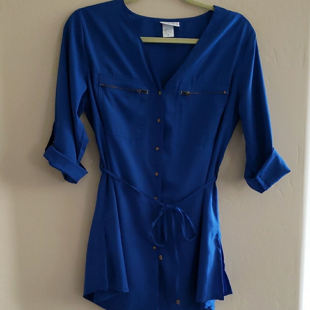 Royal Blue Cuffed Sleeve Blouse with Tie Front